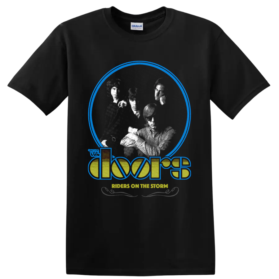 The Doors Riders on the Storm retro graphic with grayscale band portraits and logo on a Black T Shirt