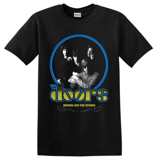 The Doors Riders on the Storm retro graphic with grayscale band portraits and logo on a Black T Shirt