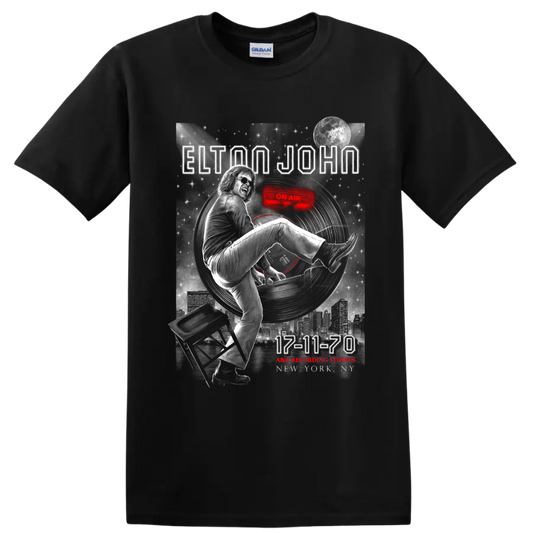 Elton John 17-11-70 vintage poster graphic with piano, moon, skyline, and red accents on a Black T Shirt