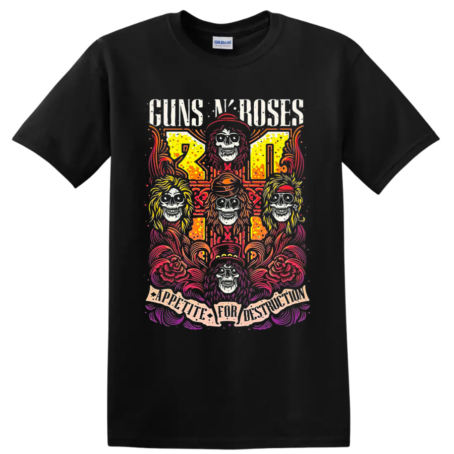 Guns N' Roses Appetite for Destruction skull and roses psychedelic rock art on a Black T Shirt