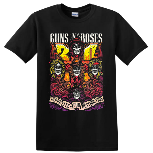 Guns N' Roses Appetite for Destruction skull and roses psychedelic rock art on a Black T Shirt