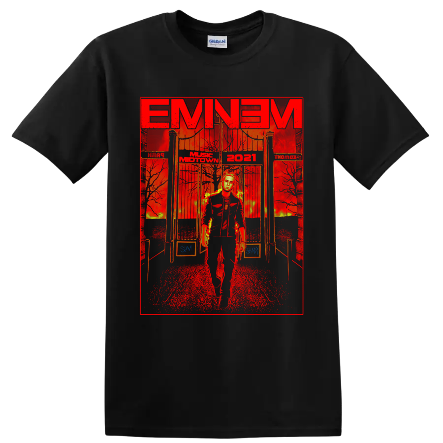 Eminem in a dramatic red and gold Music Midtown 2021 festival performance graphic on a Black T Shirt