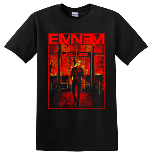 Eminem in a dramatic red and gold Music Midtown 2021 festival performance graphic on a Black T Shirt