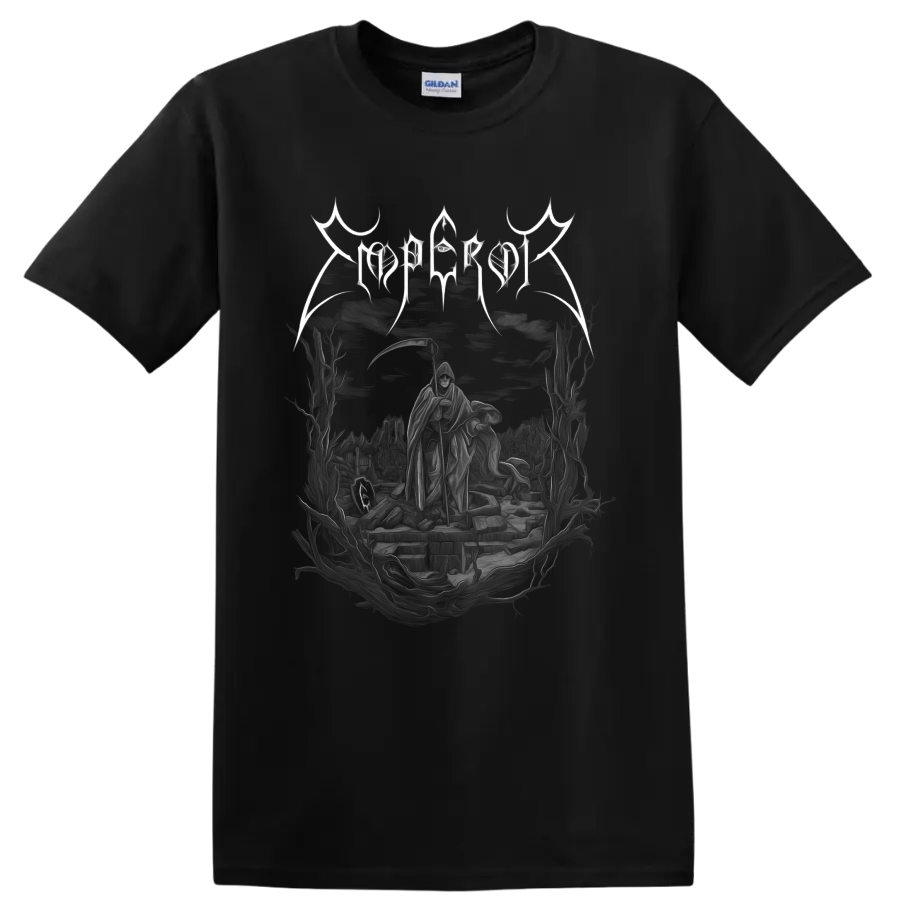 Emperor gothic logo above hooded figures in a dark black metal fantasy landscape on a Black T Shirt