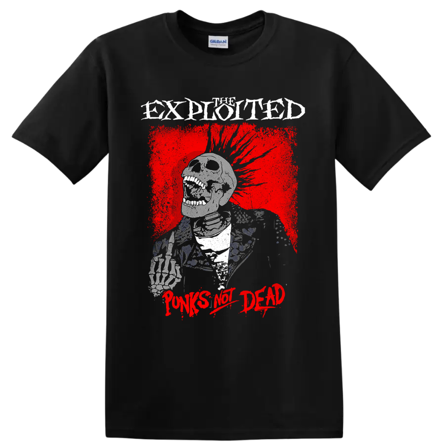 The Exploited Punks Not Dead skeletal punk graphic with distressed red artwork on a Black T Shirt