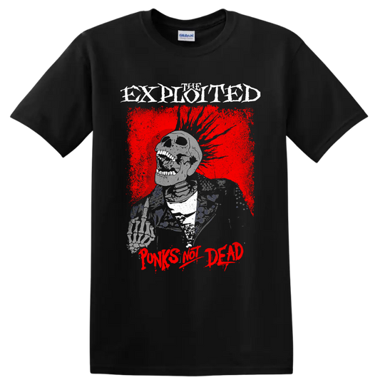 The Exploited Punks Not Dead skeletal punk graphic with distressed red artwork on a Black T Shirt