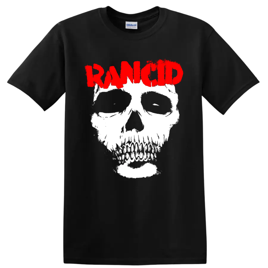 Rancid distressed red logo above a bold white skull punk graphic on a Black T Shirt