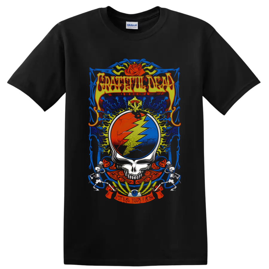 Grateful Dead Steal Your Face skull lightning bolt with roses, wings, and skeletons on a Black T Shirt