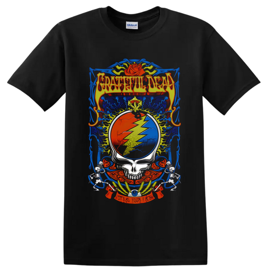 Grateful Dead Steal Your Face skull lightning bolt with roses, wings, and skeletons on a Black T Shirt