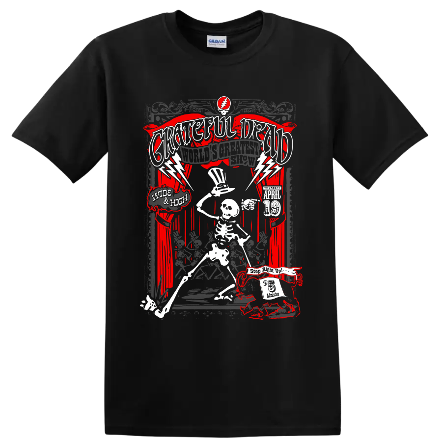 Grateful Dead World's Greatest Show skeleton and lightning concert poster graphic on a Black T Shirt
