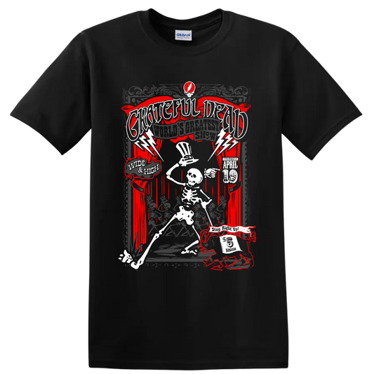 Grateful Dead World's Greatest Show skeleton and lightning concert poster graphic on a Black T Shirt