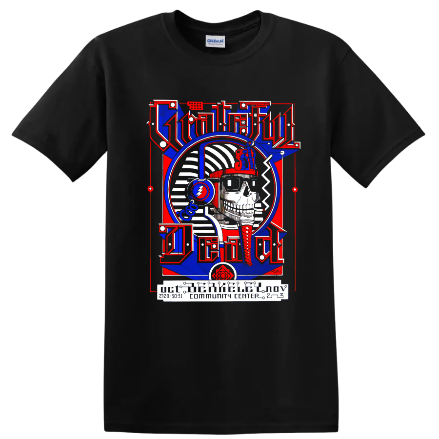 Grateful Dead Pharaoh skull poster with headphones and lightning bolt emblem on a Black T Shirt
