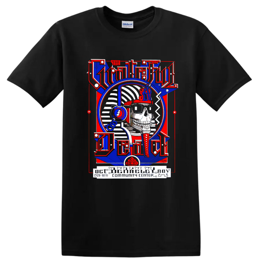 Grateful Dead Pharaoh skull poster with headphones and lightning bolt emblem on a Black T Shirt