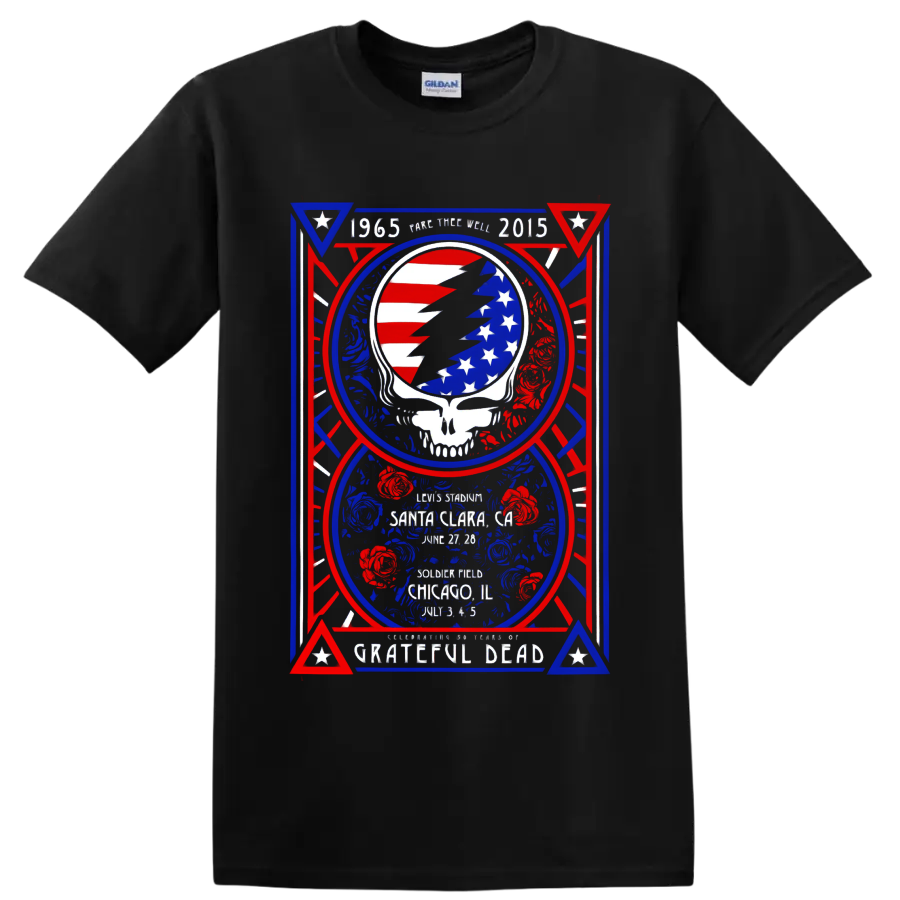 Grateful Dead Fare Thee Well poster with American flag lightning skull and roses on a Black T Shirt