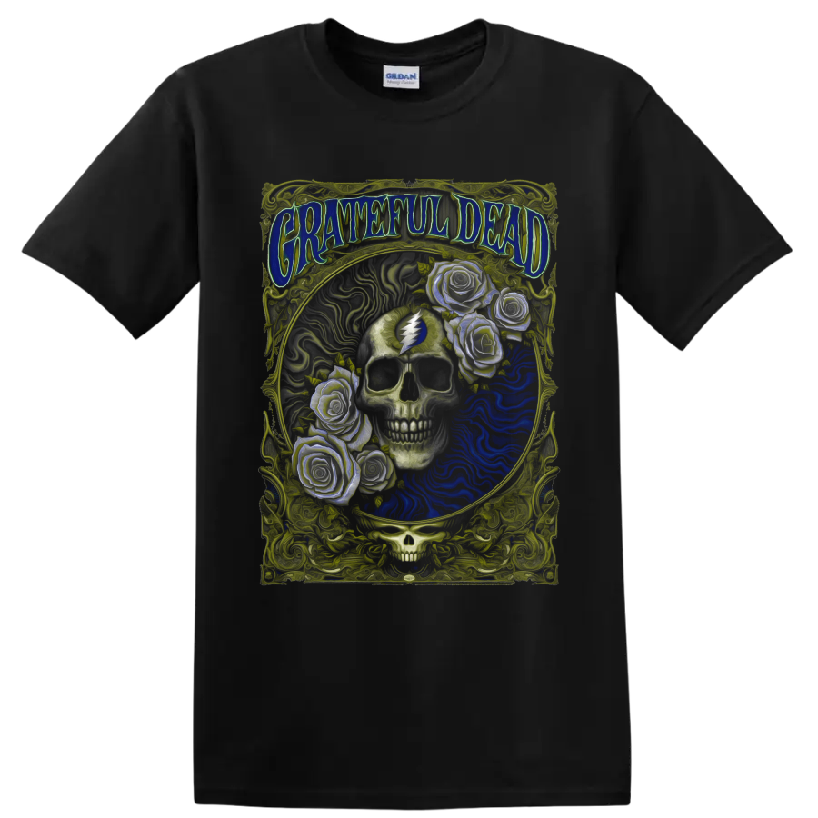 Grateful Dead psychedelic skull and roses poster art with lightning bolt symbol on a Black T Shirt