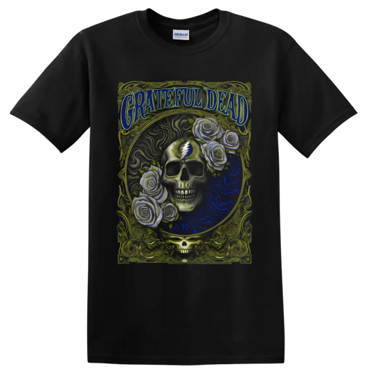 Grateful Dead psychedelic skull and roses poster art with lightning bolt symbol on a Black T Shirt