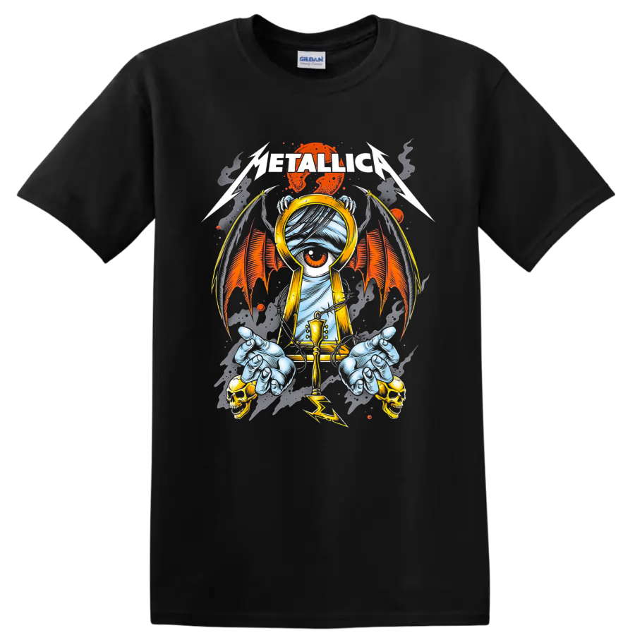 Metallica gothic keyhole eye artwork with bat wings, skulls, claws, and lightning on a Black T Shirt