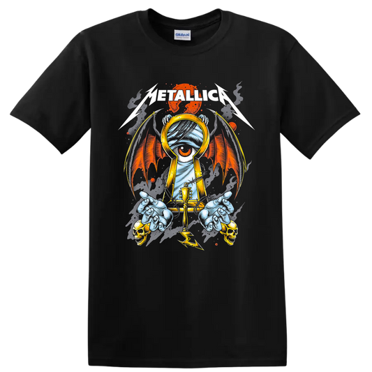 Metallica gothic keyhole eye artwork with bat wings, skulls, claws, and lightning on a Black T Shirt