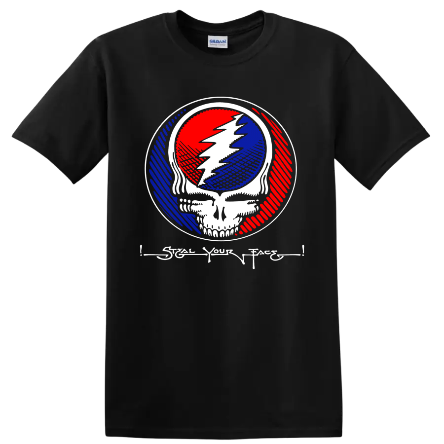 Grateful Dead Steal Your Face skull and lightning emblem in red, white, and blue on a Black T Shirt