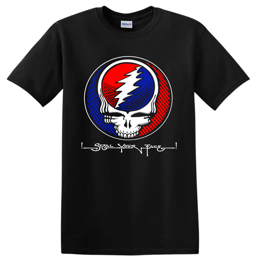 Grateful Dead Steal Your Face skull and lightning emblem in red, white, and blue on a Black T Shirt