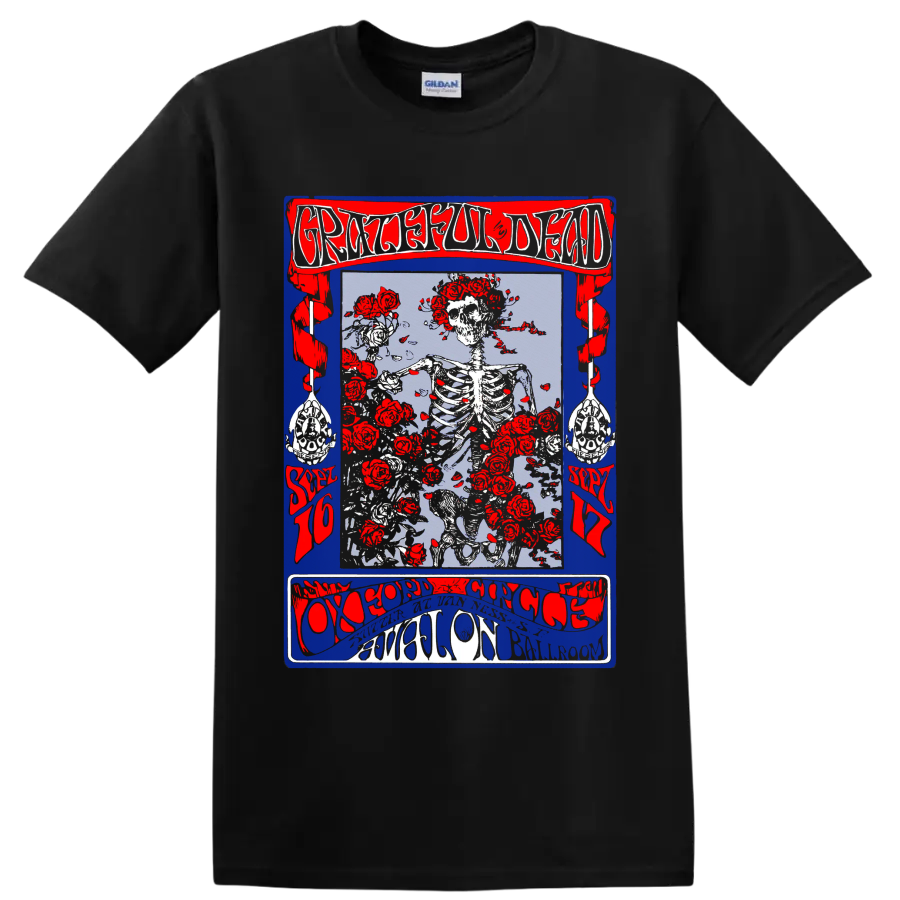 Grateful Dead skeleton and red roses distressed psychedelic concert poster graphic on a Black T Shirt