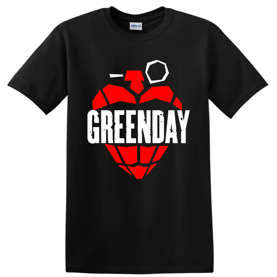 Green Day text over a distressed red grenade-heart punk rock graphic on a Black T Shirt
