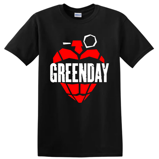 Green Day text over a distressed red grenade-heart punk rock graphic on a Black T Shirt