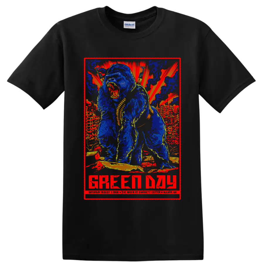 Green Day Duluth 2009 concert-poster graphic with roaring gorilla and sunburst on a Black T Shirt