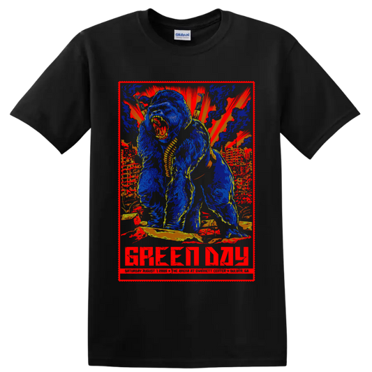 Green Day Duluth 2009 concert-poster graphic with roaring gorilla and sunburst on a Black T Shirt