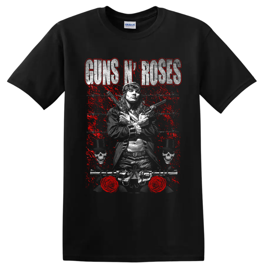 Axl Rose Guns N' Roses distressed rock graphic with crossed pistols and skulls on a Black T Shirt