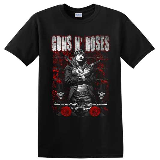Axl Rose Guns N' Roses distressed rock graphic with crossed pistols and skulls on a Black T Shirt