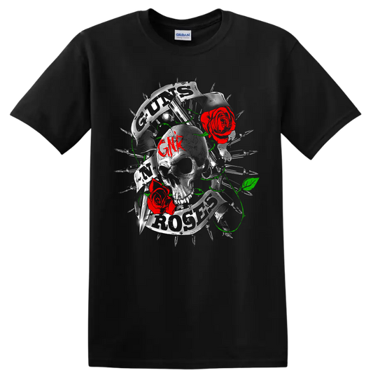 Guns N' Roses skull graphic with red roses, barbed wire, green vines, and GNR lettering on a Black T Shirt