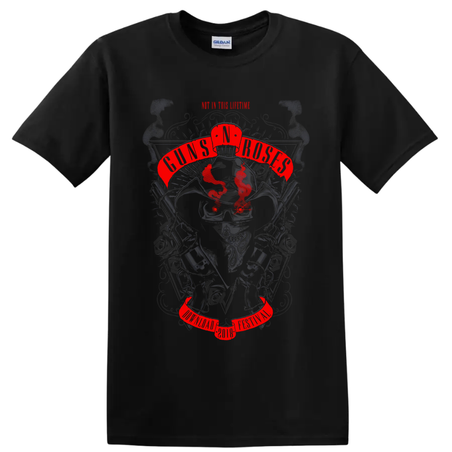 Guns N' Roses tribute poster graphic with skull, roses, pistols, and red banners on a Black T Shirt