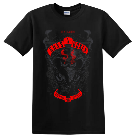 Guns N' Roses tribute poster graphic with skull, roses, pistols, and red banners on a Black T Shirt
