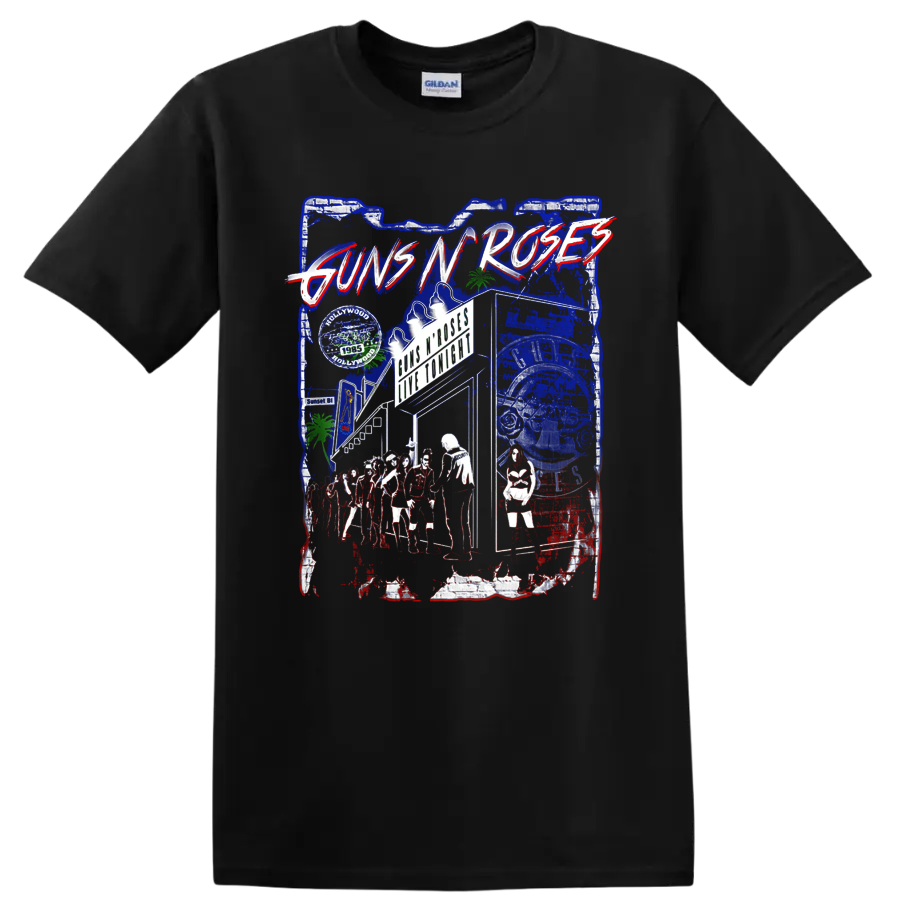 Guns N' Roses distressed Sunset Boulevard Hollywood rock collage graphic on a Black T Shirt
