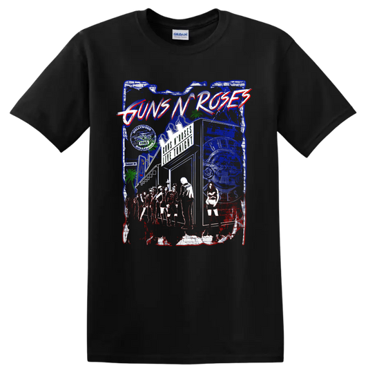 Guns N' Roses distressed Sunset Boulevard Hollywood rock collage graphic on a Black T Shirt