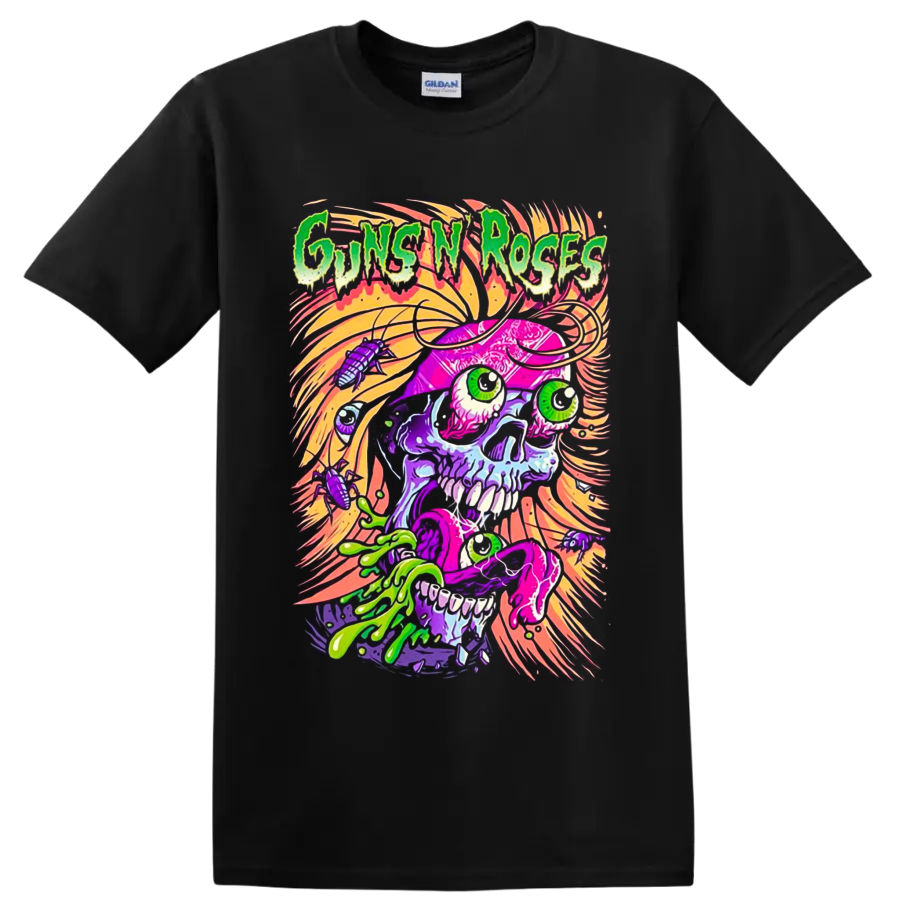 Guns N' Roses neon psychedelic skull with slime, eyeballs, insects, and swirling flames on a Black T Shirt