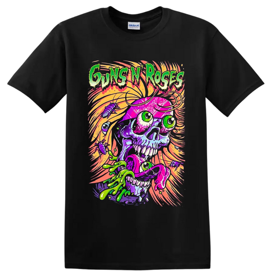 Guns N' Roses neon psychedelic skull with slime, eyeballs, insects, and swirling flames on a Black T Shirt