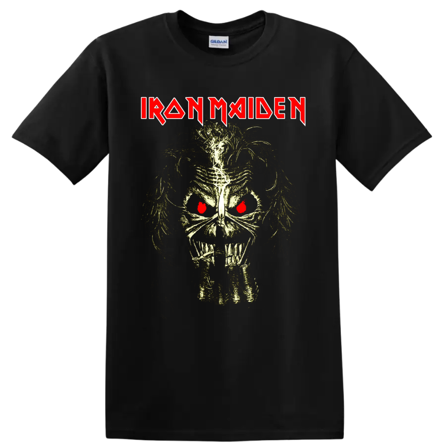 Iron Maiden logo above distressed Eddie skeletal skull with red eyes on a Black T Shirt