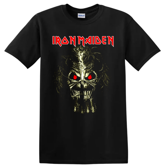 Iron Maiden logo above distressed Eddie skeletal skull with red eyes on a Black T Shirt