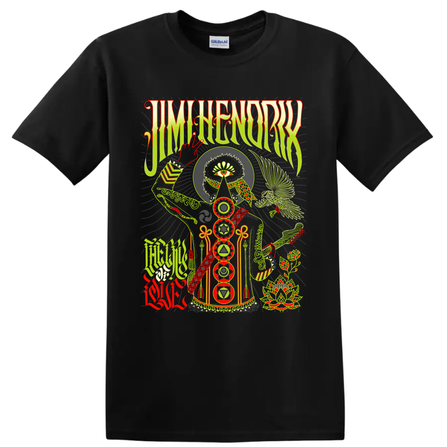 Jimi Hendrix The Cry of Love psychedelic graphic with eye, guitar, bird, and chakra on a Black T Shirt