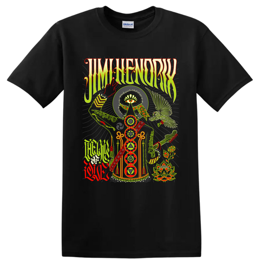 Jimi Hendrix The Cry of Love psychedelic graphic with eye, guitar, bird, and chakra on a Black T Shirt