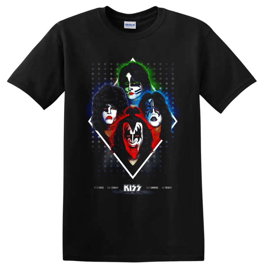 KISS original lineup portraits in face paint with colorful splatter and KISS logo on a Black T Shirt