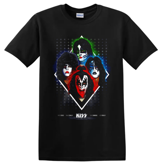 KISS original lineup portraits in face paint with colorful splatter and KISS logo on a Black T Shirt