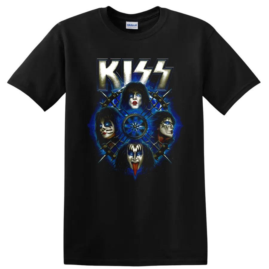 KISS Rock and Roll Over blue collage with four stage-painted faces and radial emblem on a Black T Shirt