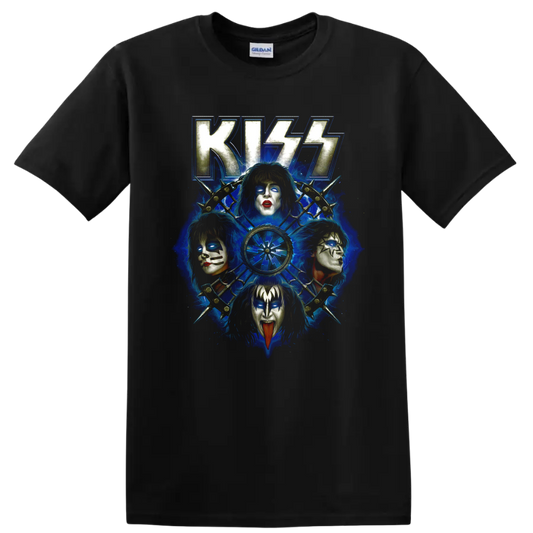 KISS Rock and Roll Over blue collage with four stage-painted faces and radial emblem on a Black T Shirt