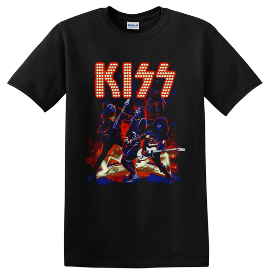 KISS marquee logo with face-painted band performers in bold retro stage art on a Black T Shirt