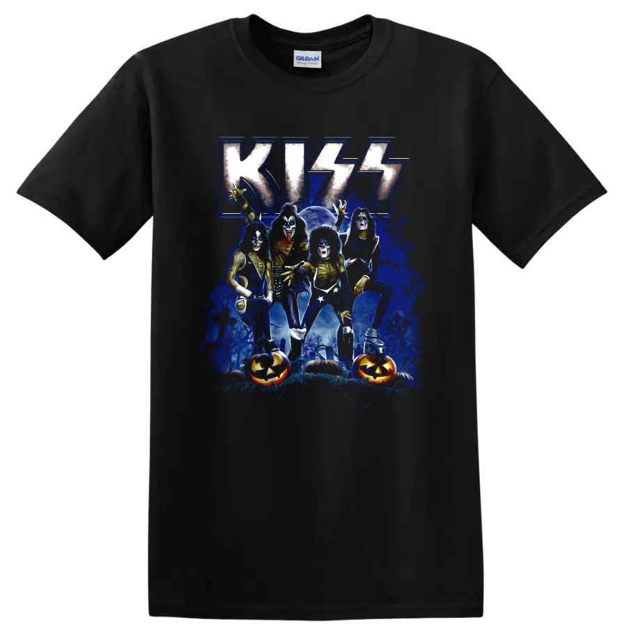KISS band makeup graphic with graveyard, bats, moon, and jack-o-lanterns on a Black T Shirt
