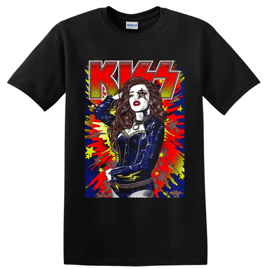KISS concert poster-style graphic with star-painted performer, splatters, stars, and on a Black T Shirt