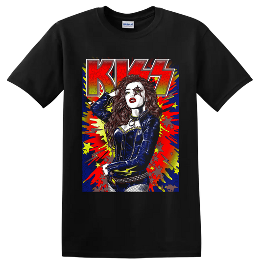 KISS concert poster-style graphic with star-painted performer, splatters, stars, and on a Black T Shirt